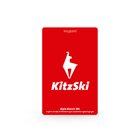 Ein roter Skipass mit dem weißen Logo eines stilisierten Hirsches und dem Schriftzug "KitzSki" darauf. Oben steht klein "keycard" geschrieben.